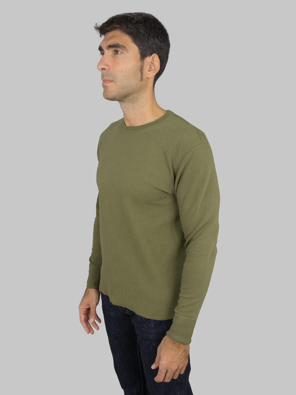 Loop & Weft Double Face Jacquard Crewneck Thermal Army Olive - Image 3