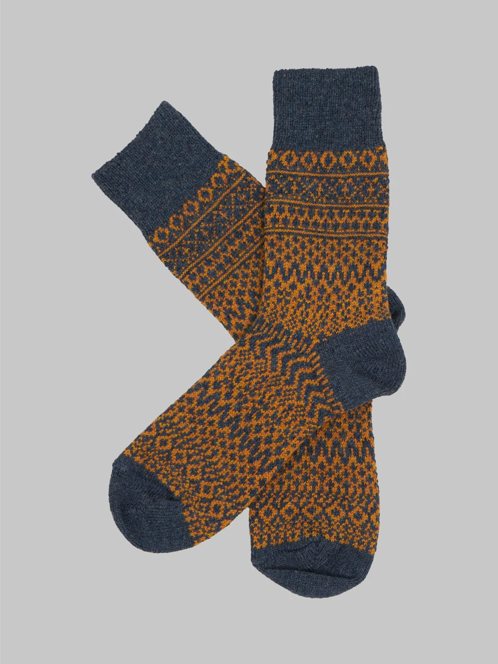 Nishiguchi Kutsushita Wool Jacquard Socks Navy & Orange - Image 2