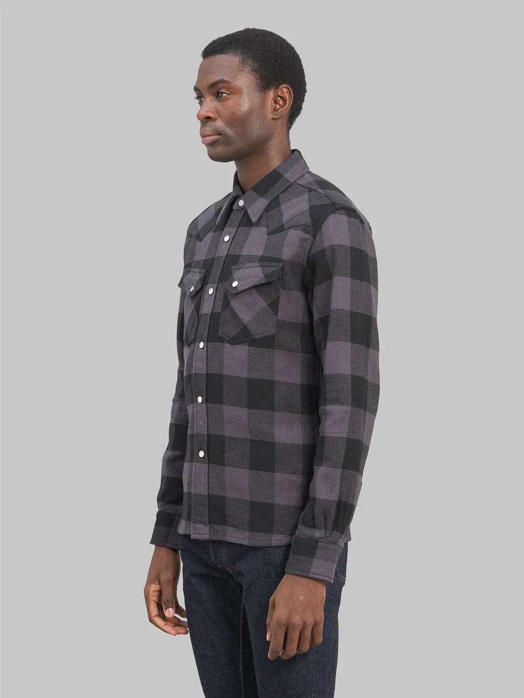 The Flat Head Block Check Flannel Western Shirt Grey/Black - Image 3