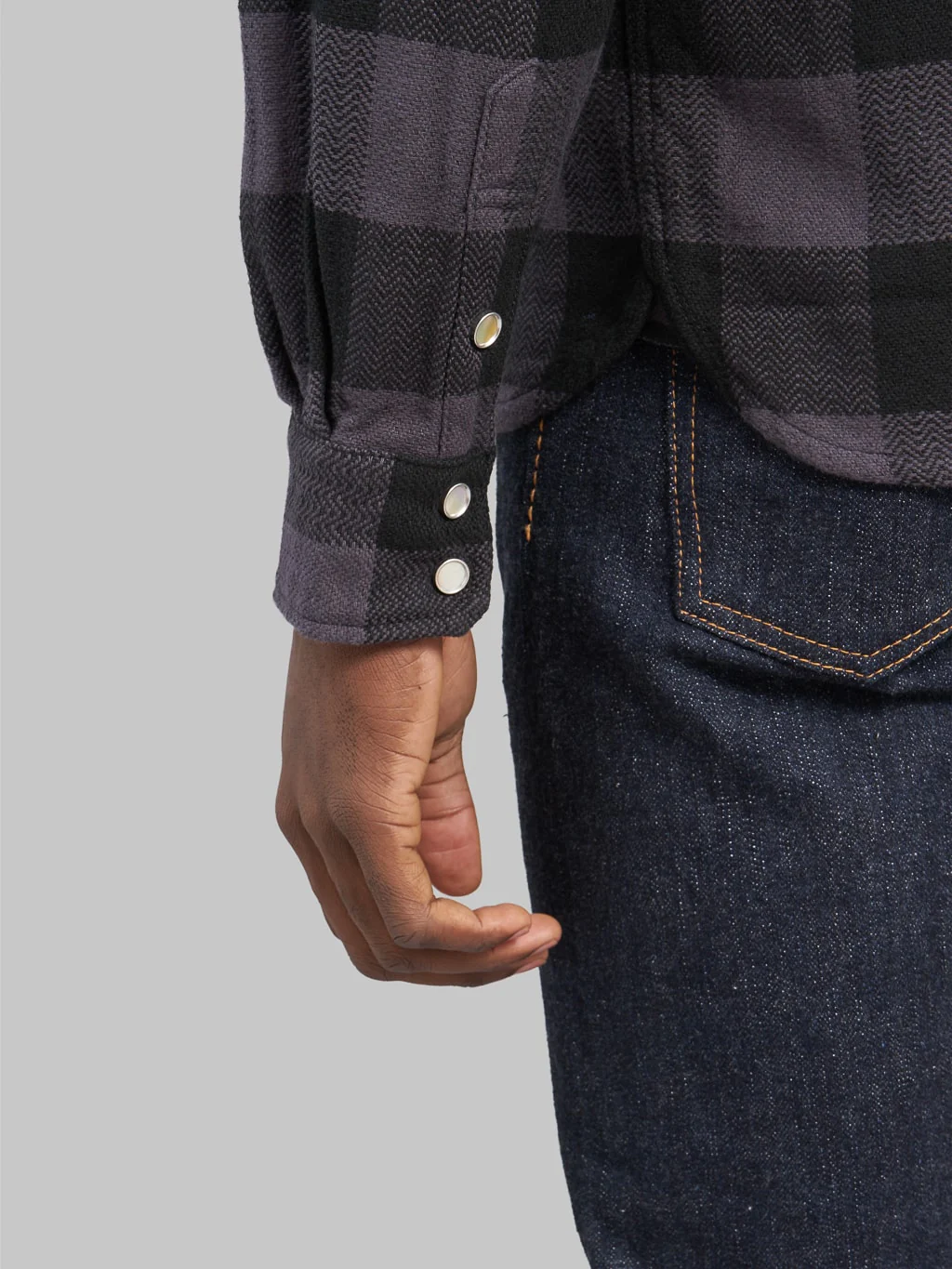 The Flat Head Block Check Flannel Western Shirt Grey/Black - Image 6